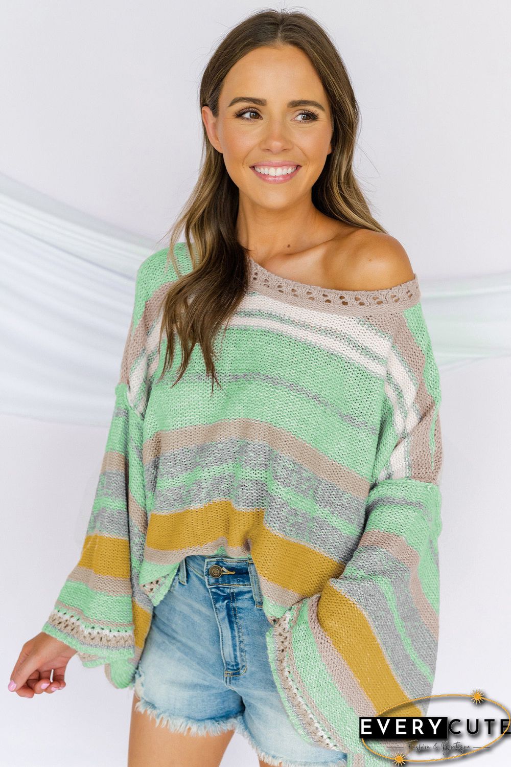 Green Striped Bell Sleeves Loose Sweater
