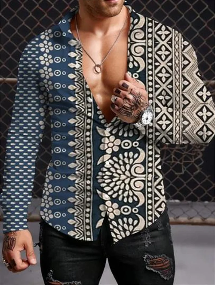 Kakacloud Men's Long Sleeve Shirt Harajuku Retro Pattern Polo Shirt Lapel Fashion Casual Luxury Shirt