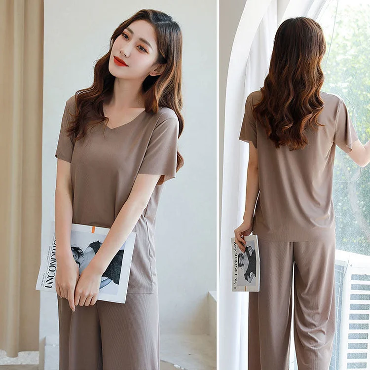 🔥Mother's Day Hot Sale 50%OFF🔥Soft Comfortable Ice Silk Short Sleeve T-Shirt Two Piece Set Loose Wide-leg Pants