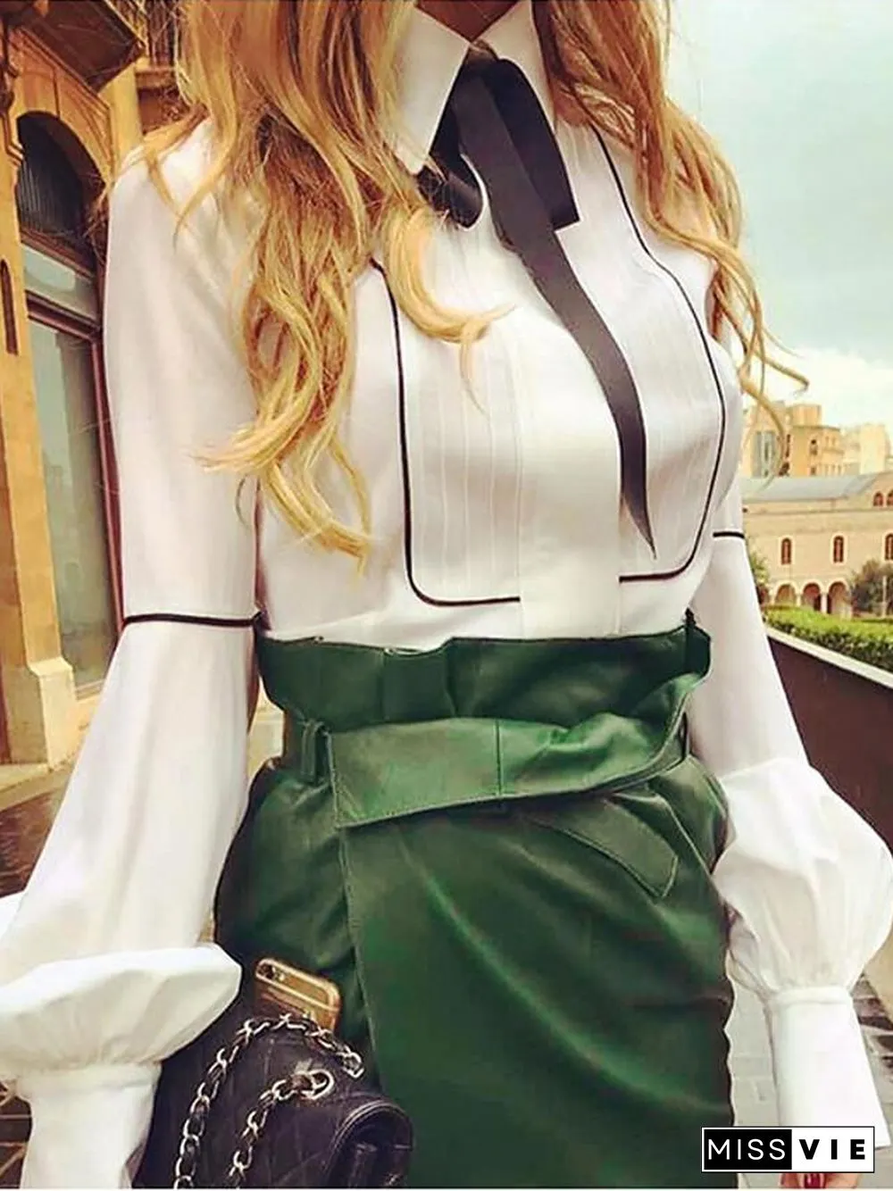 Womens Blouse Shirt Solid ColoredPlain Long Sleeve Pleated Fashion Bow Collar Tops Puff
