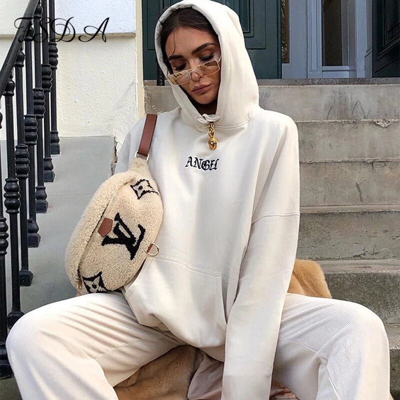 FSDA 2020 Oversized Embroidery Letter Sweatshirt Women Long Sleeve Loose Top Casual Autumn Winter Hoodie Pullover Pocket