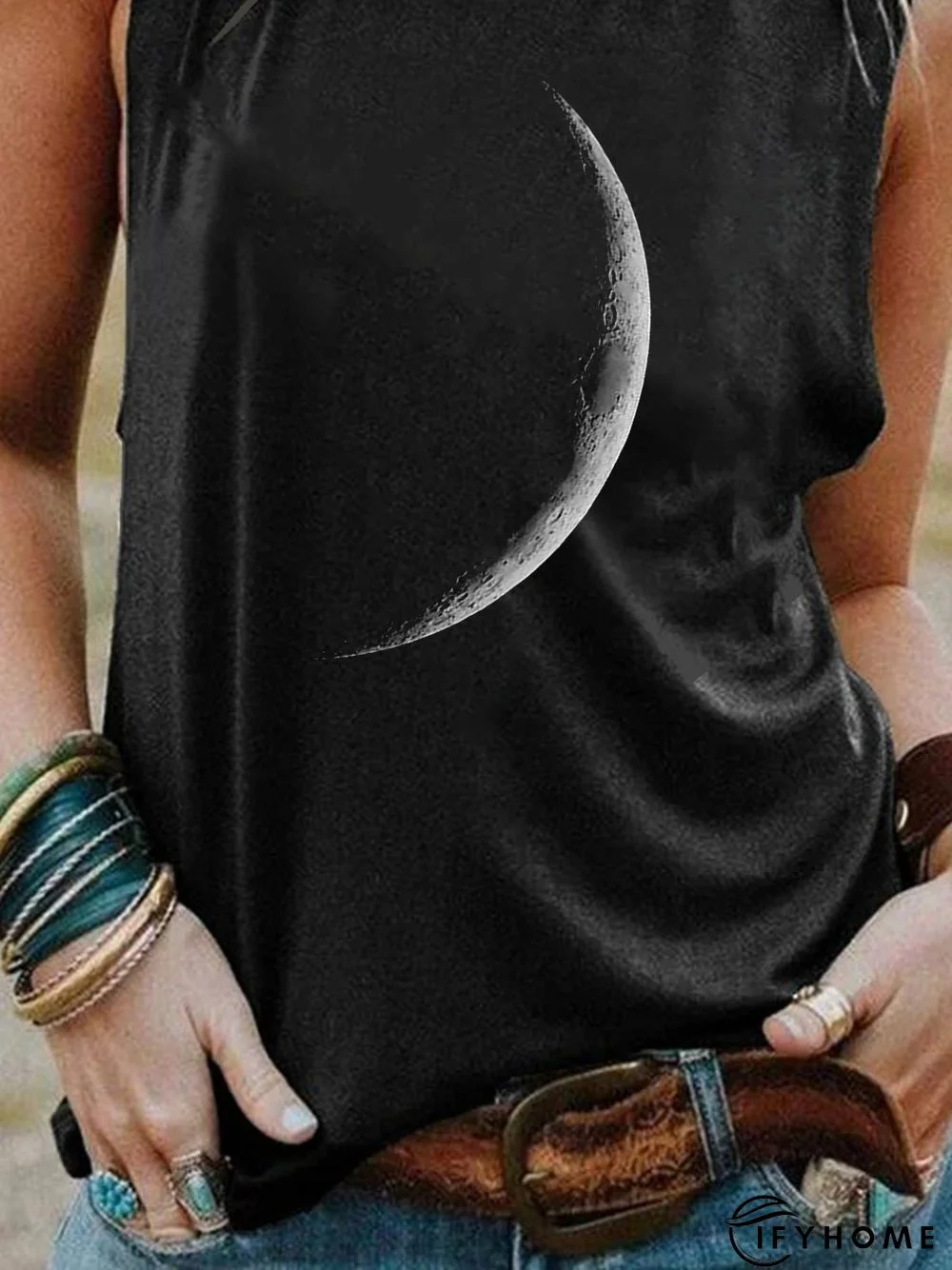 Black Moon Printed Shift Crew Neck Party Daily Casual Sleeveless Tank & Cami | IFYHOME