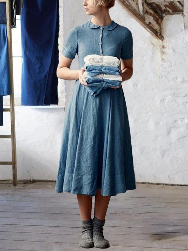 Natural Cotton Linen Short-Sleeve Maxi Dress-Mayoulove