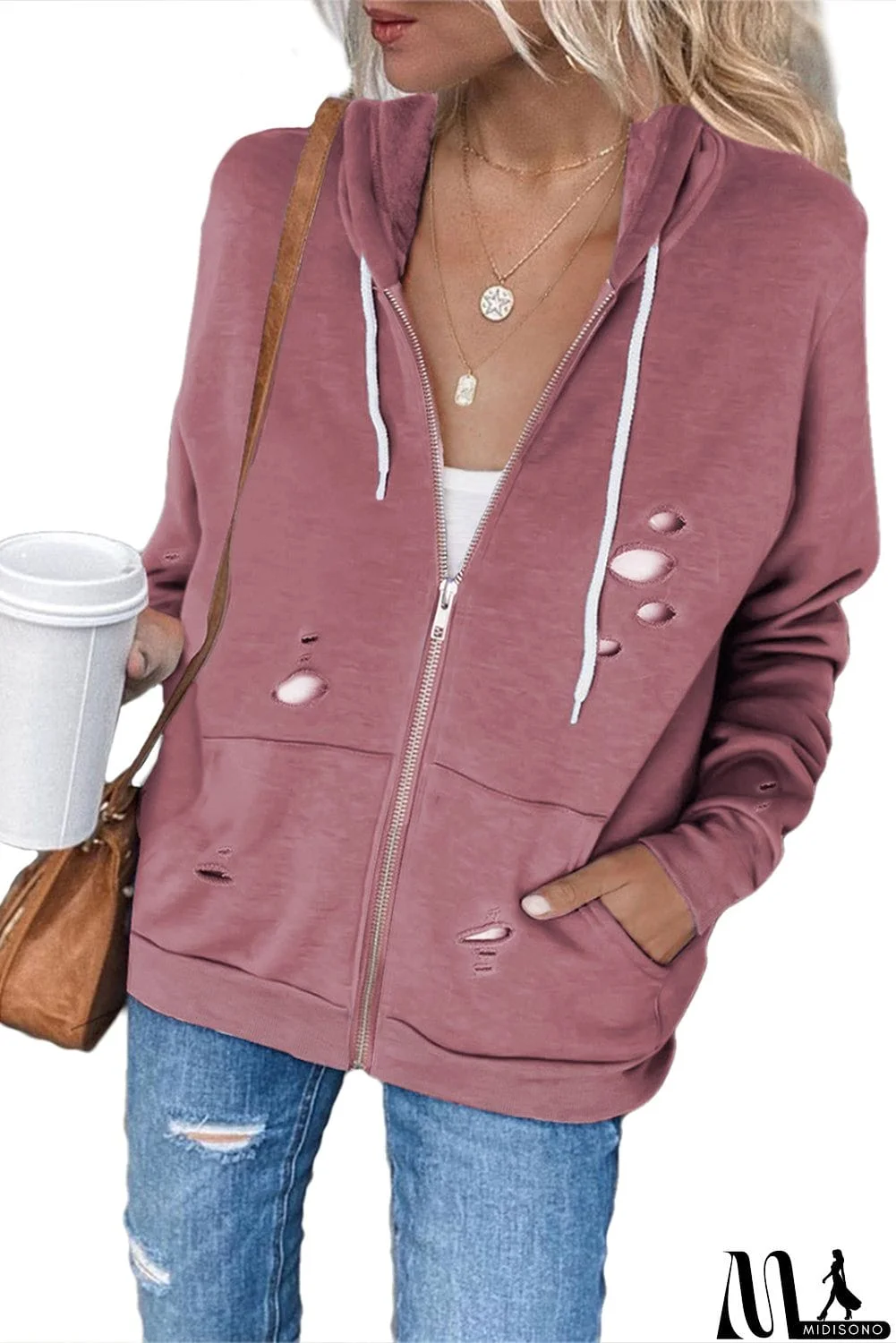 MidiSono - Ripped Zipper Pocket Hoodie
