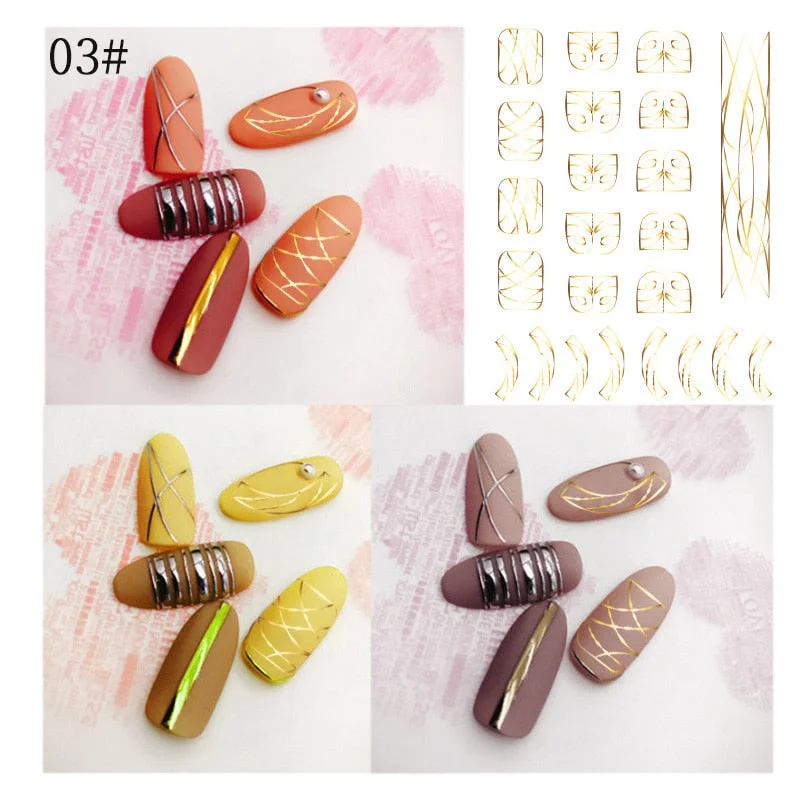 1 Sheet Gold Bronzing Stripe Lines Nail Stickers 3D Net Line Tape Self Adhesive Sliders DIY Manicures Decorations