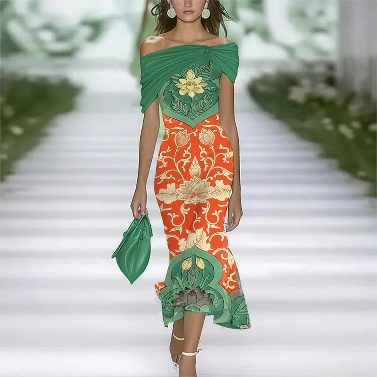 Elegant Spring and Summer Floral Print Off Shoulder Dres