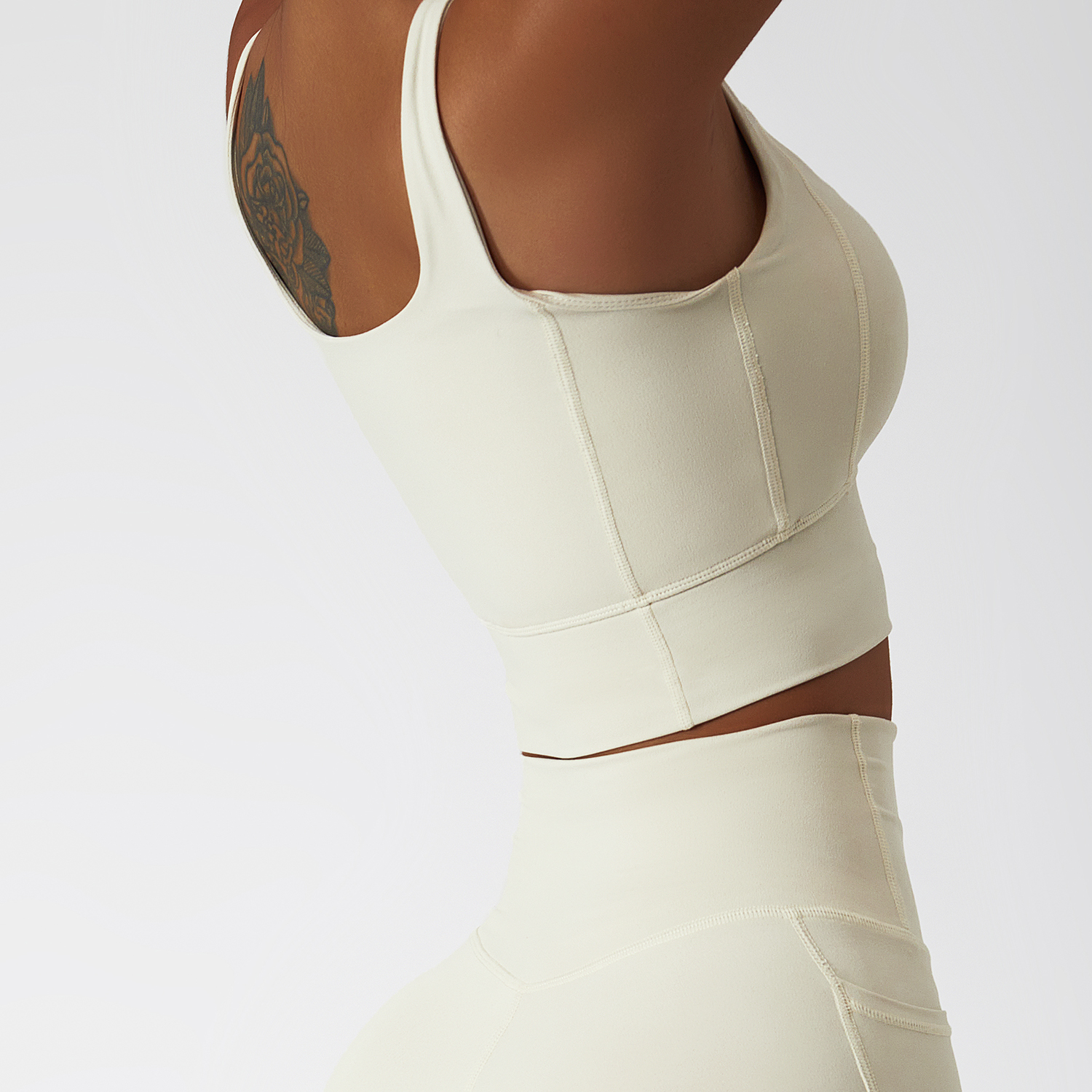 Hergymclothing Cream Apricot widened hem buttery soft dri-fit comfort breathable lightweight high support workout vest bra with removable pads for sale
