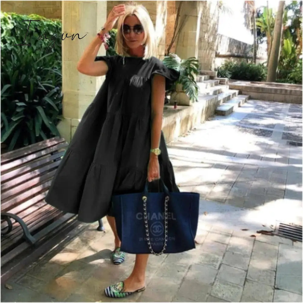 Ingvn - New Summer Solid Color Women Dress Short Sleeve Loose Chic Pleated Beach Casual White Black
