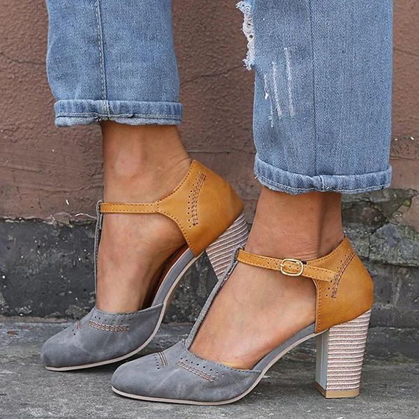 Women Vintage Color Block Sandals Casual Chunky Heel Buckle Shoes