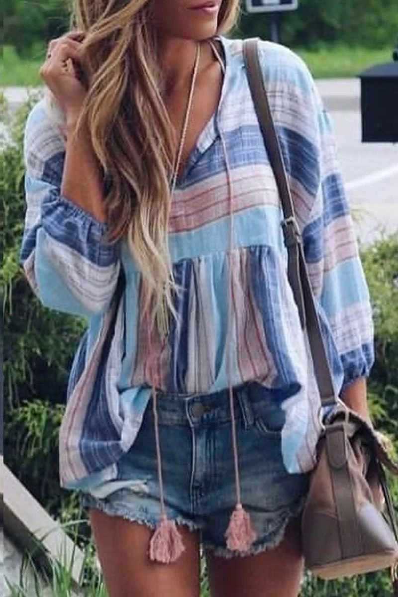 Striped Printed Skyblue Blouse