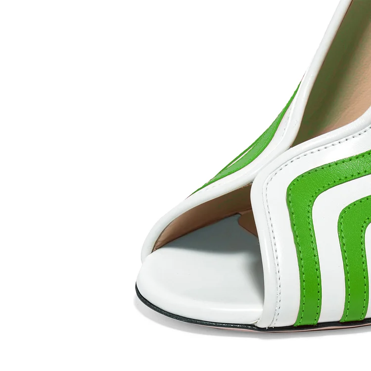Green and White Stripes   Peep Toe Chunky Heels Shoes Vdcoo
