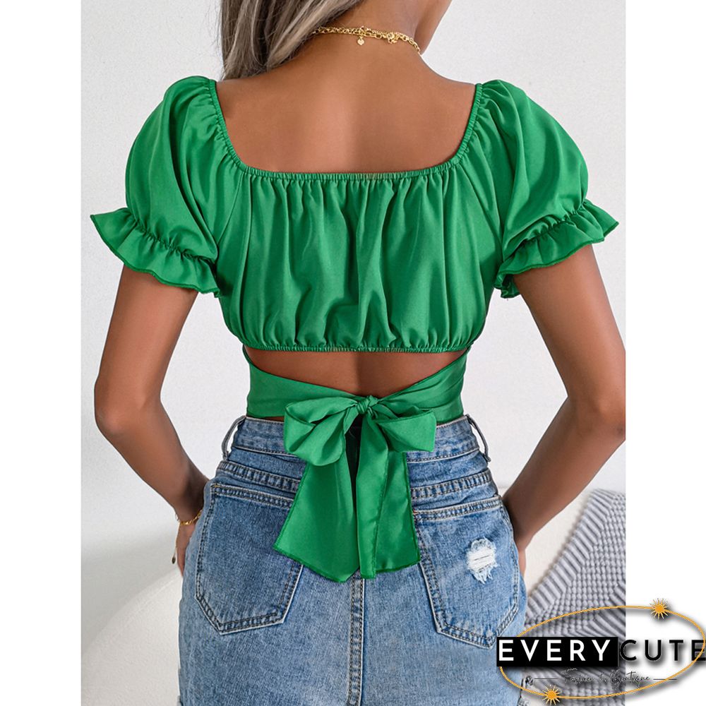 Green Back Lace-up Slim Waist Chiffon Crop Tops
