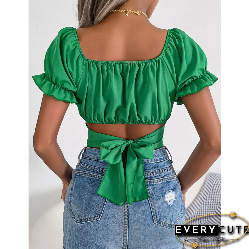 Green Back Lace-up Slim Waist Chiffon Crop Tops