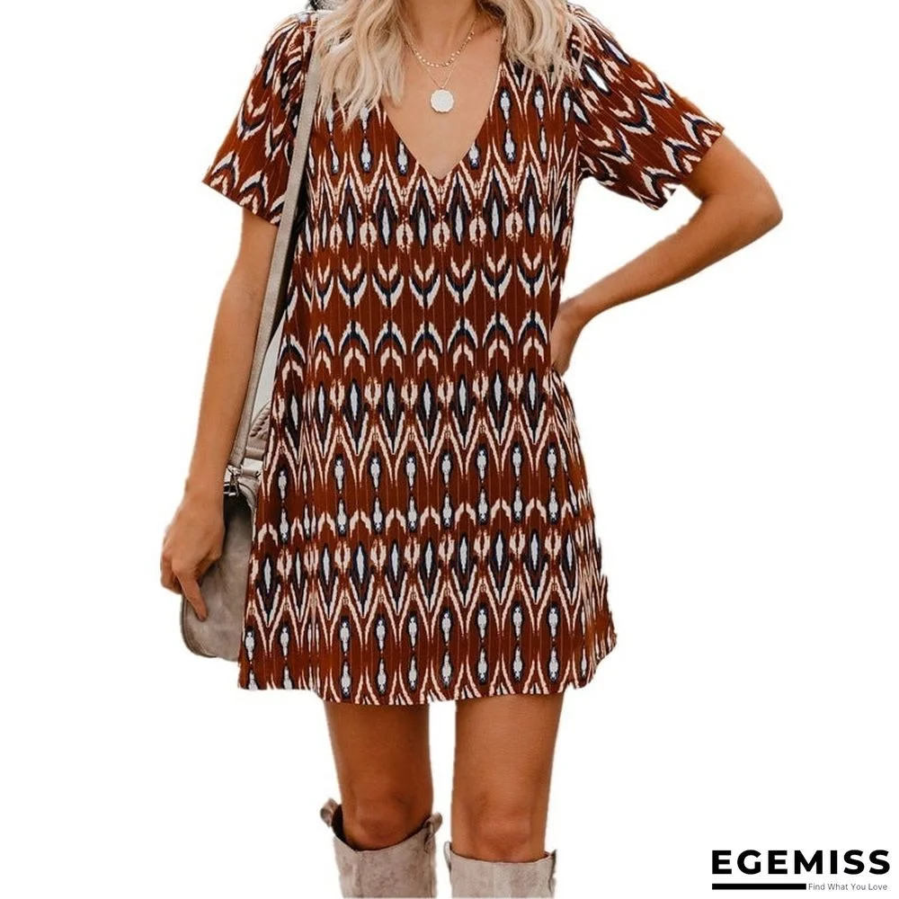 Spring/Summer Loose Short SleeveS V-Neck Print Dress Women'S Wear | EGEMISS