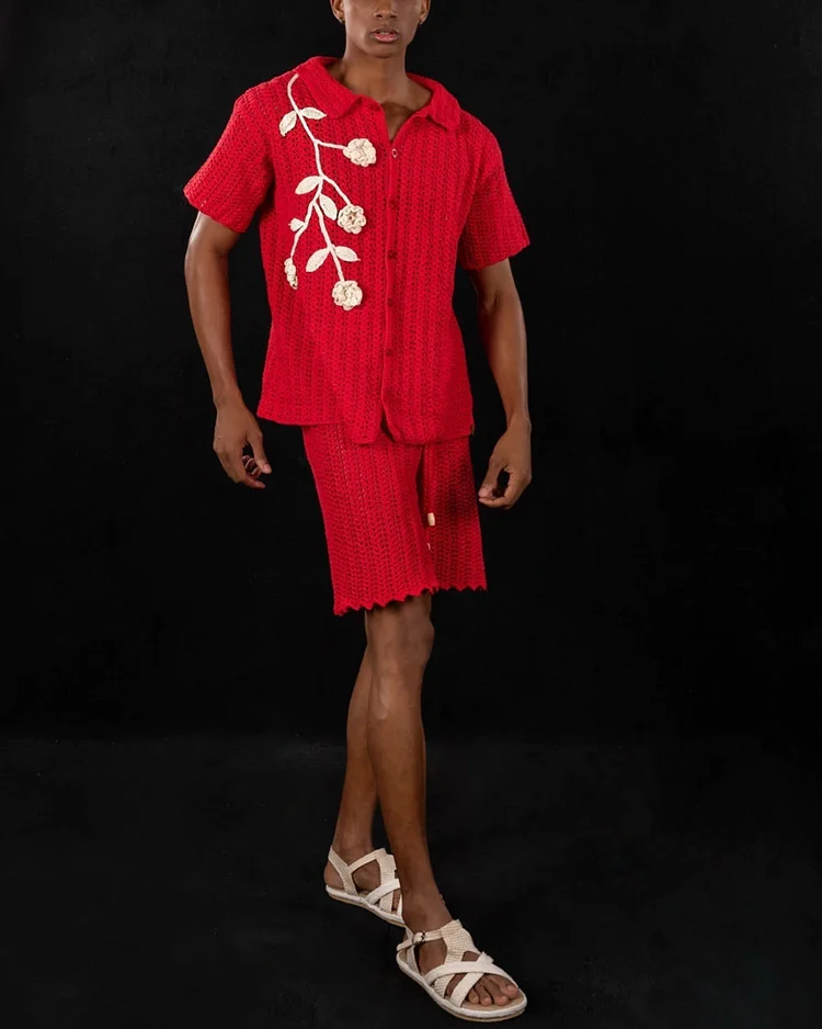 Men’s Crochet Floral Shirt and Shorts Knitted Two-Piece Set