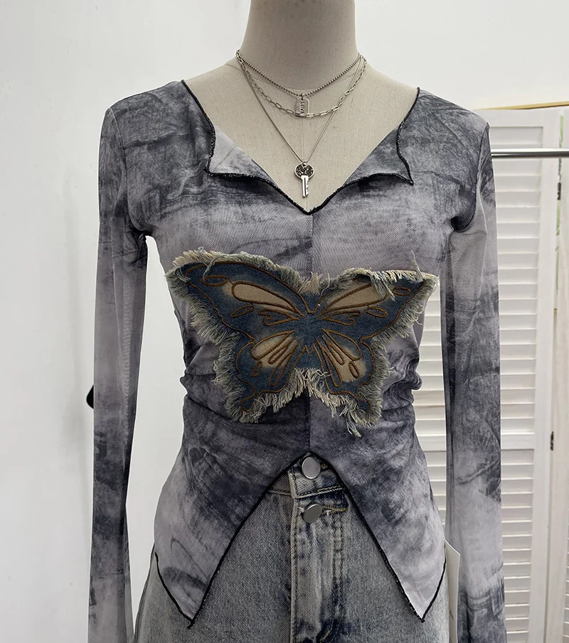 Uveng Real Shooting Amount Of Bumpy Tulle Spliced Denim Butterfly Design Sunscreen Coat V Collar Short T-Shirt 1965