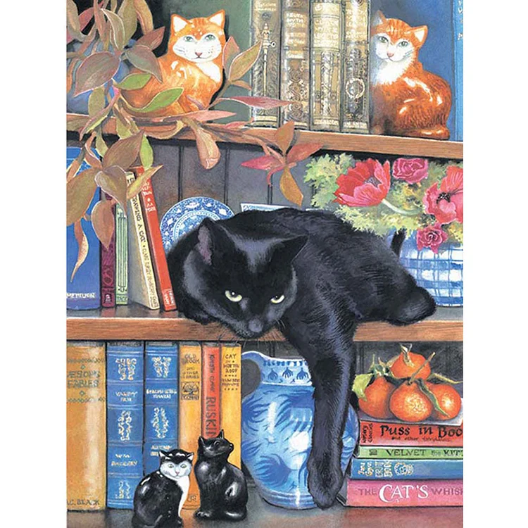 Cat On Bookshelf (40*50CM) 11CT Stamped Cross Stitch gbfke