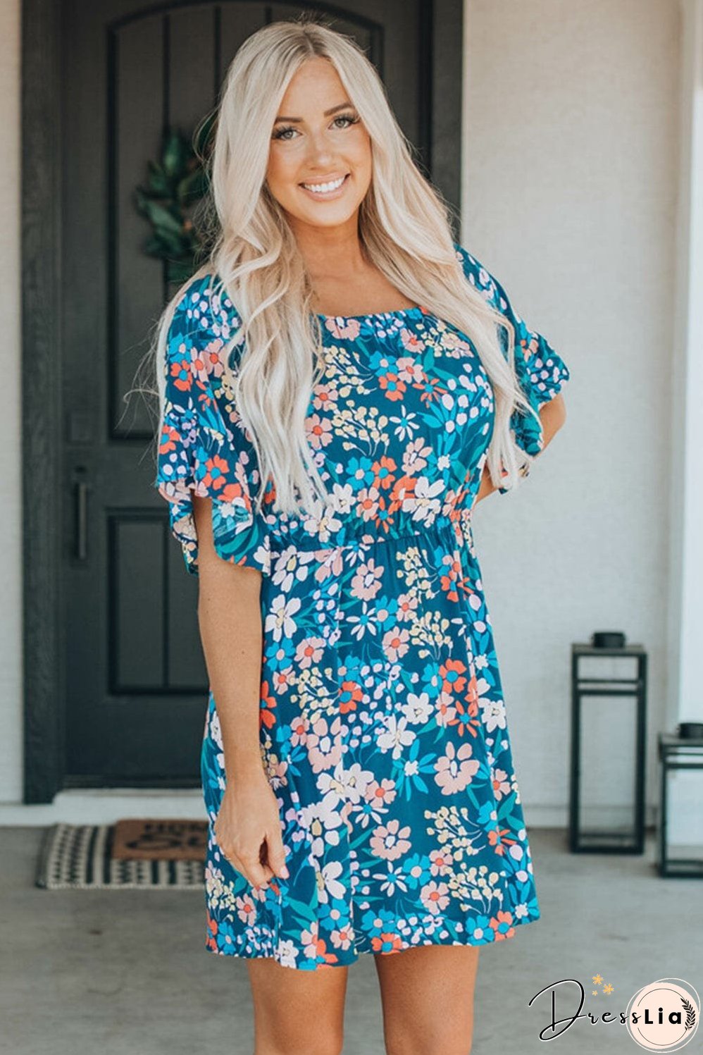 Blue Floral Ruffle Mini Dress with Square Neck