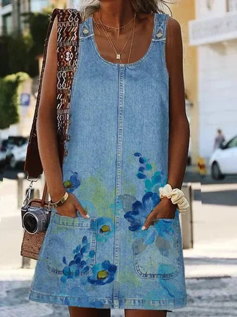 Denim fabric Shift Sleeveless Dresses