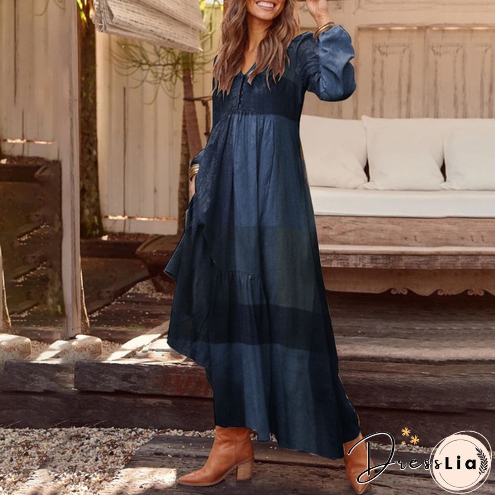 Zanzea Women Long Sleeve V-Neck Printed Kaftan Puff Sleeve Casual Loose Long Maxi Dresses Plus Size