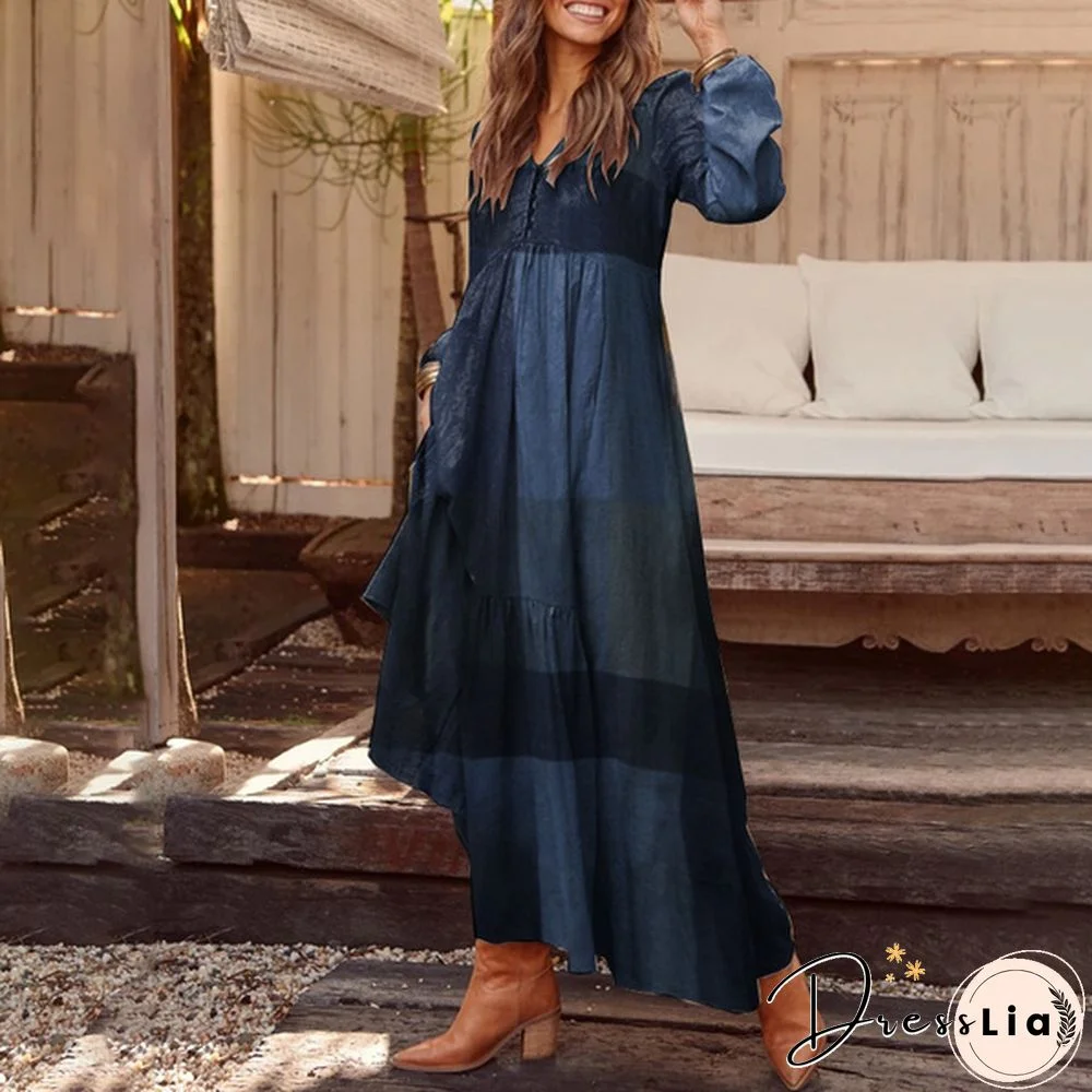 Zanzea Women Long Sleeve V-Neck Printed Kaftan Puff Sleeve Casual Loose Long Maxi Dresses Plus Size