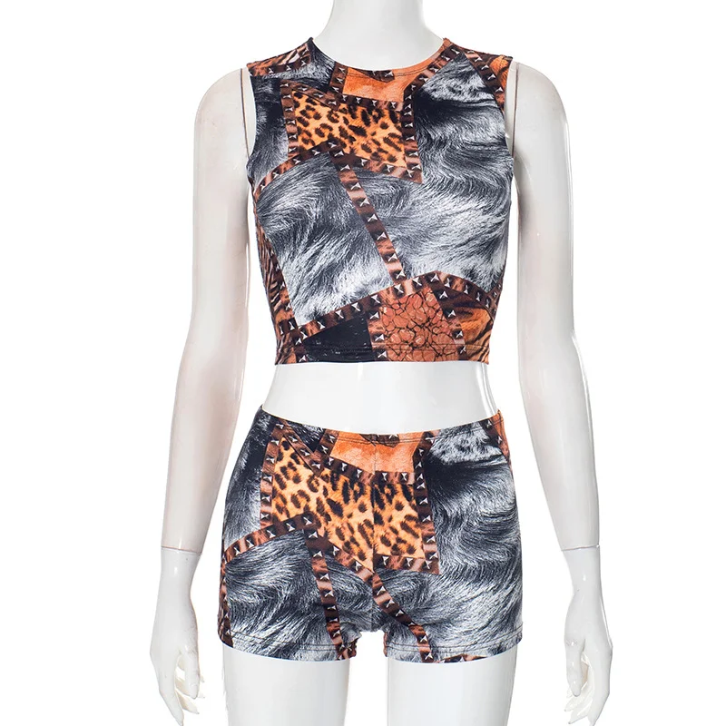 Brownm Brownm Women's Autumn And Winter Leopard Print Sleeveless Vest Shorts Open-Umbilly Shorts Set