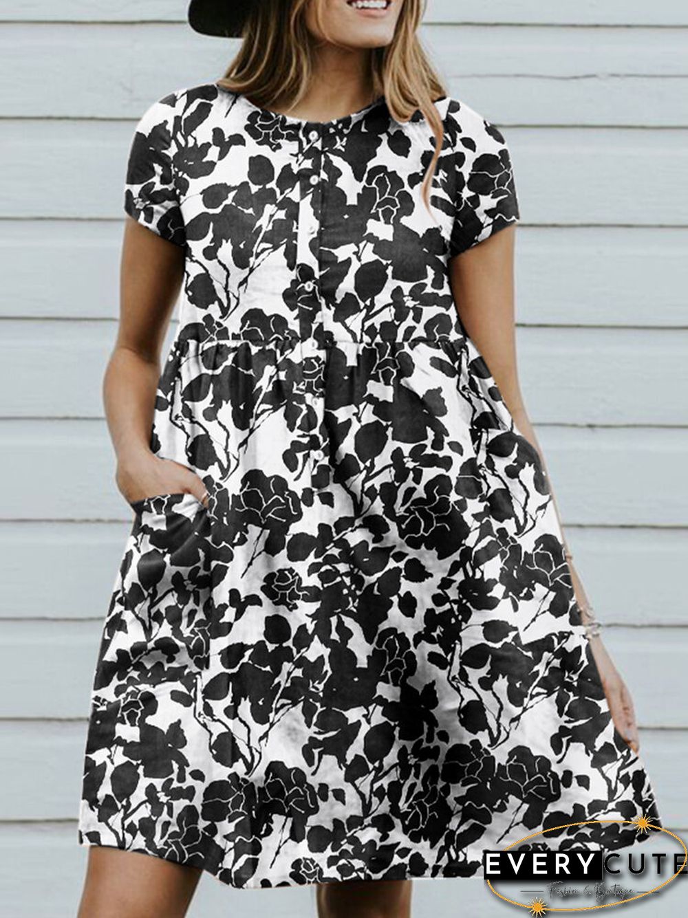 Random Allover Leaves Print Pocket Short Sleeve Button Dress