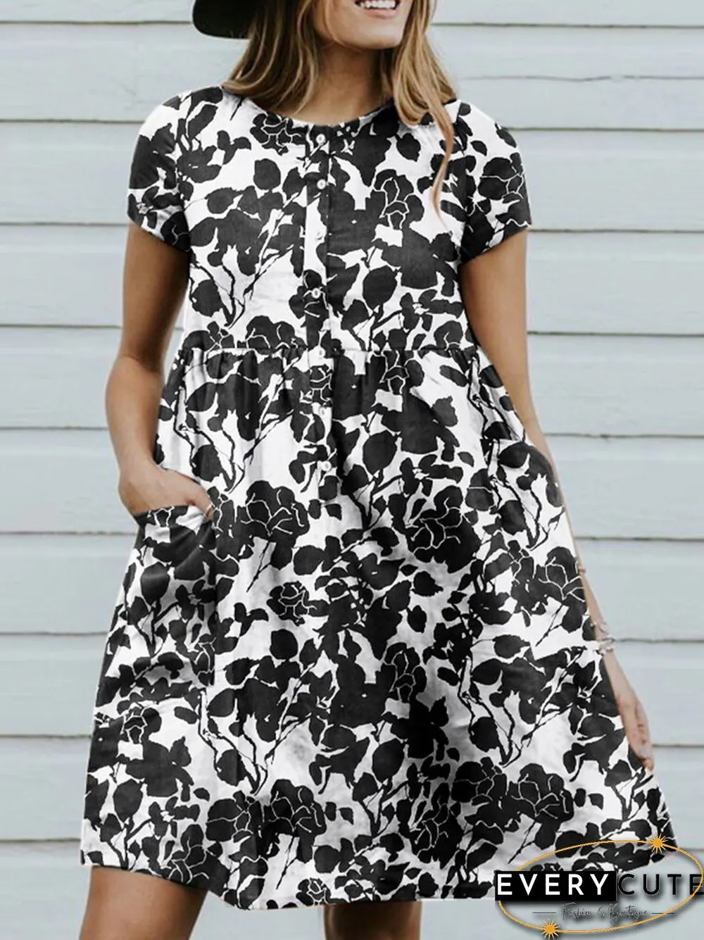 Random Allover Leaves Print Pocket Short Sleeve Button Dress