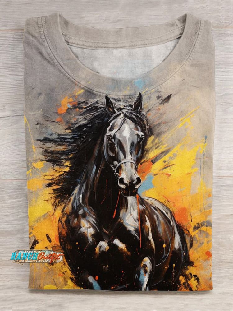 Retro Horse Art Print Casual T-Shirt Multicolor / S