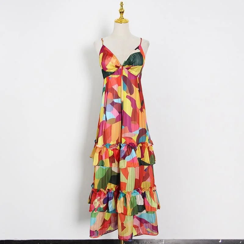 ABEBEY Hit Color Patchwork Ruffle Dress For Women V Neck Sleeveless Print Summer Sling Dresses Female Fashion New Clothes