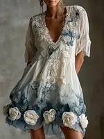 Women's Retro White Rose Embroidery Pattern Gradient Short Sleeve Dress