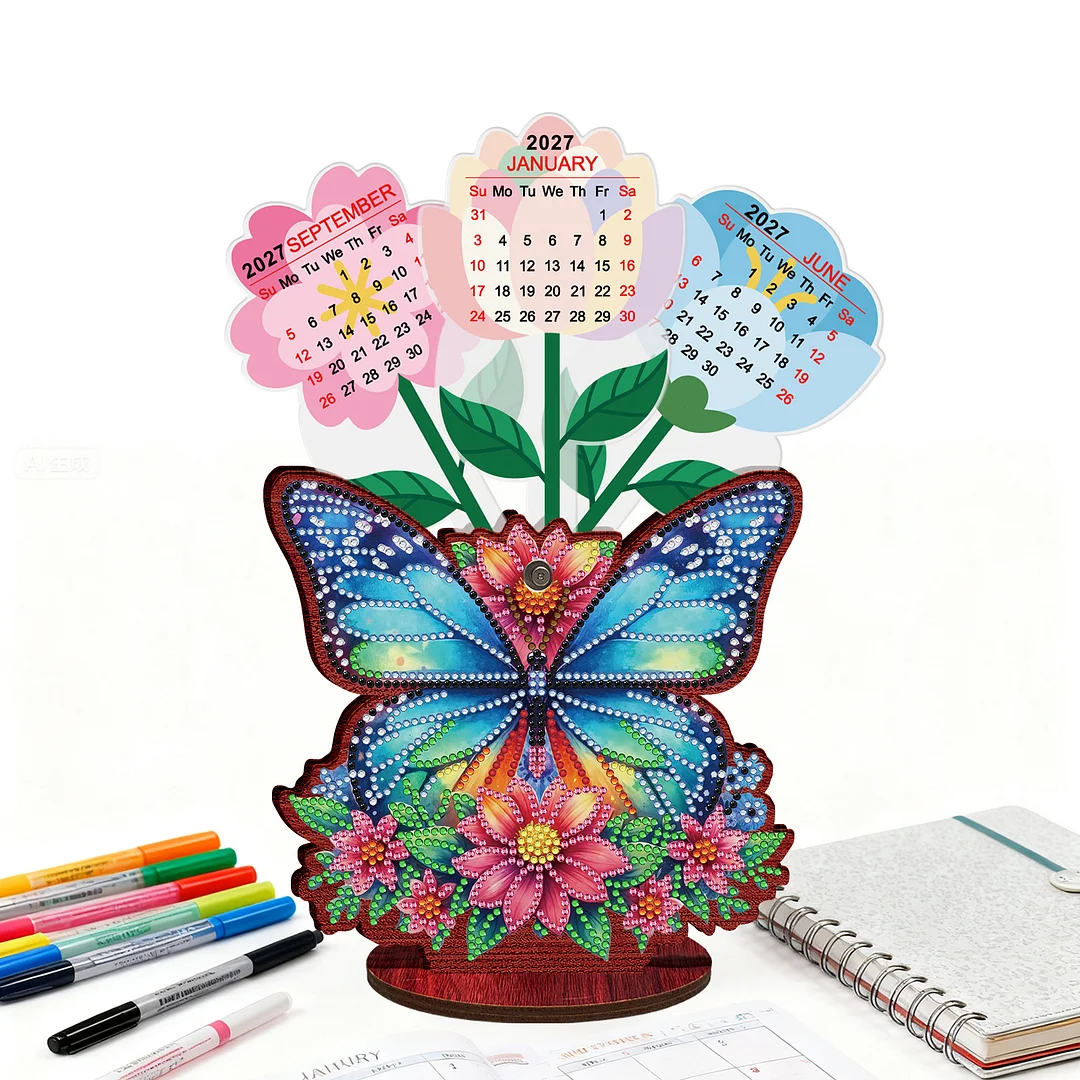 2026 Calendar DIY Diamond Art Kit Butterfly Wooden Diamond Painting Calendar