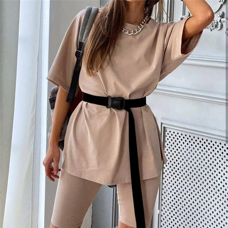 Fashion white Women Sets With Belt Casual Solid Outfits Home Loose Leisure Suit Summer Women's Two Piece Suit