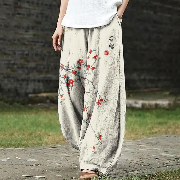 Japanese Art Floral Vintage Print Pants