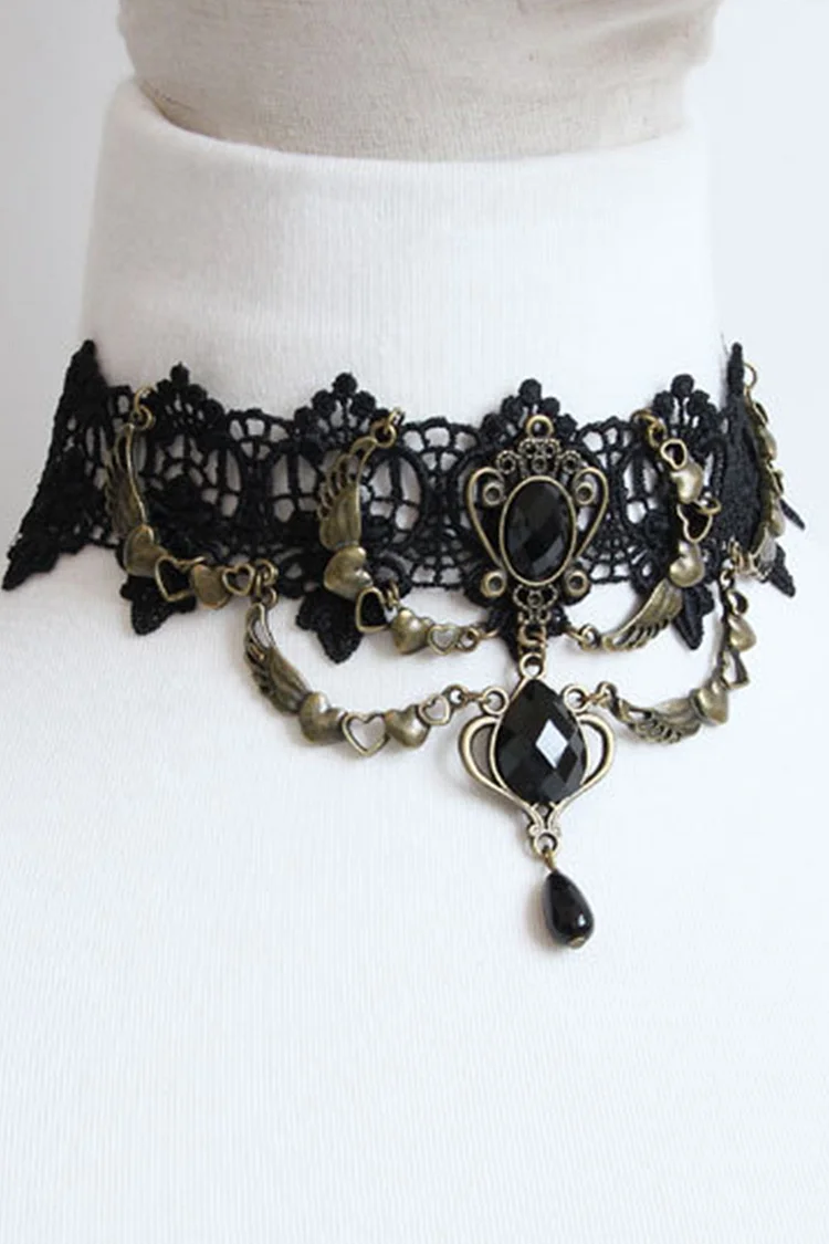 Gothic Black Party Lace Heart-shaped Artificial Crystal Choker