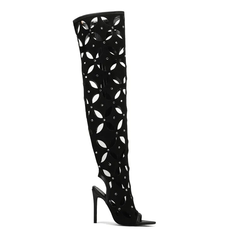 Women Thigh Boots Over The Knee Boots High Thin Heels Hollow Out Fishing Rivet Woman Heels 43