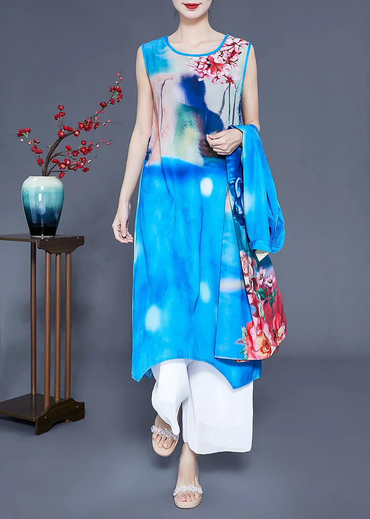Bohemian Blue Stand Collar Oversized Print Silk Two Pieces Set Summer