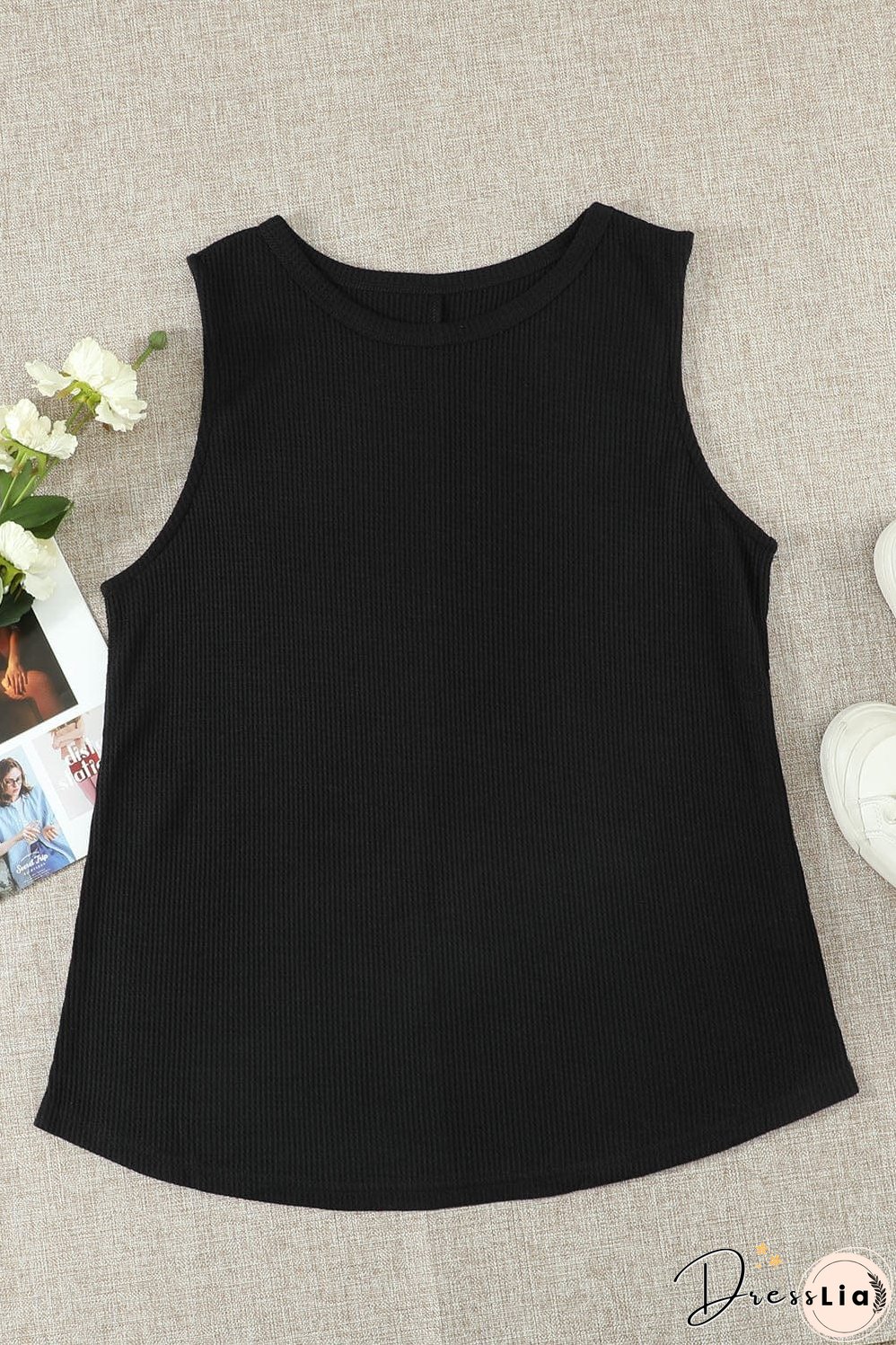 Chic Black Waffle Knit Sleeveless Tank Top