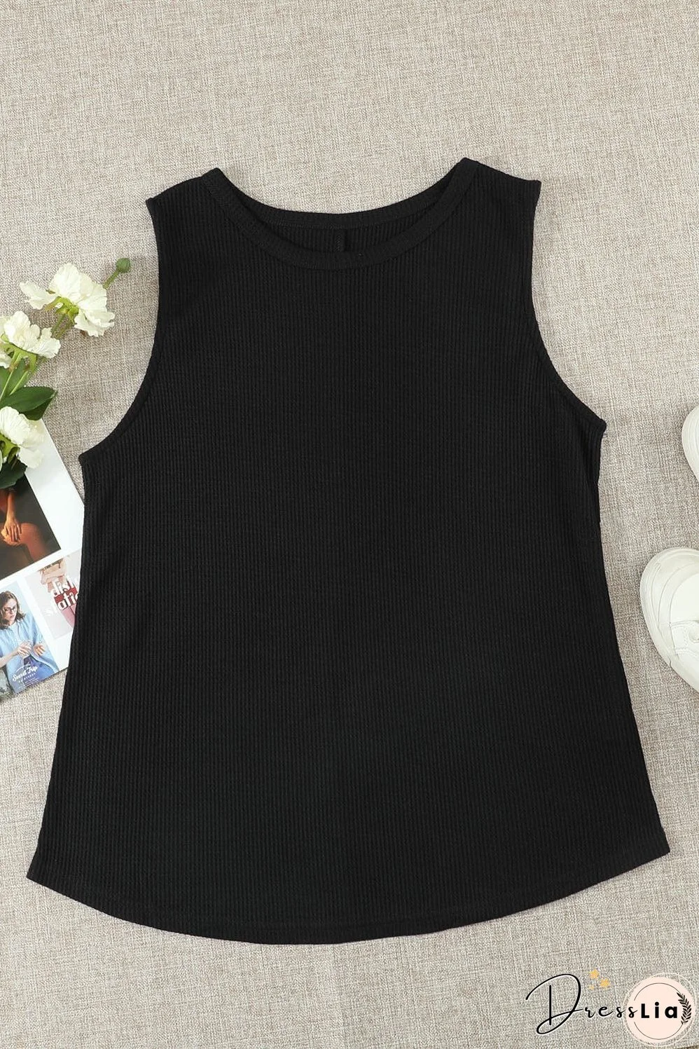 Chic Black Waffle Knit Sleeveless Tank Top