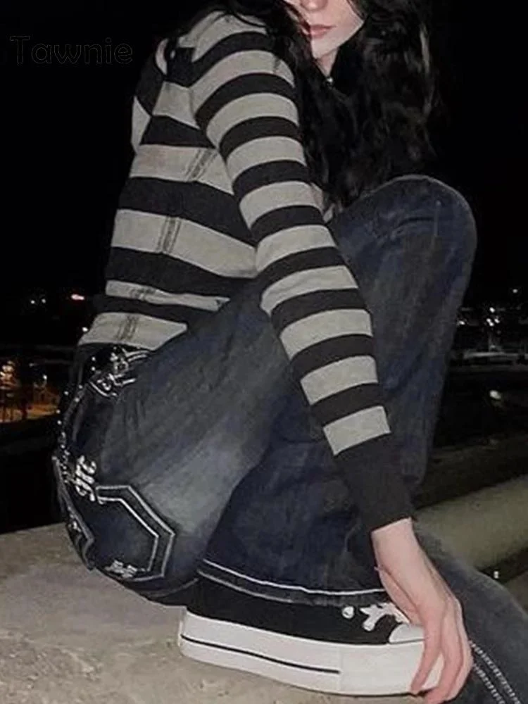 Tawnie 2022 Goth Fairycore Grunge Striped Hooded T Shirt Women Vintage Aesthetic Long Sleeve Tee Tops Y2K Casual Hoodie Tees