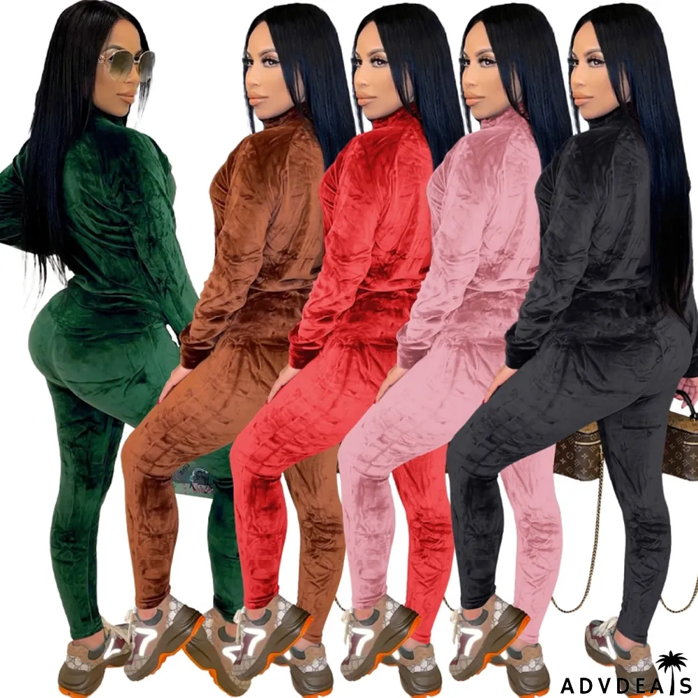 Winter Black Velvet Zipper Two Piece Tracksuit