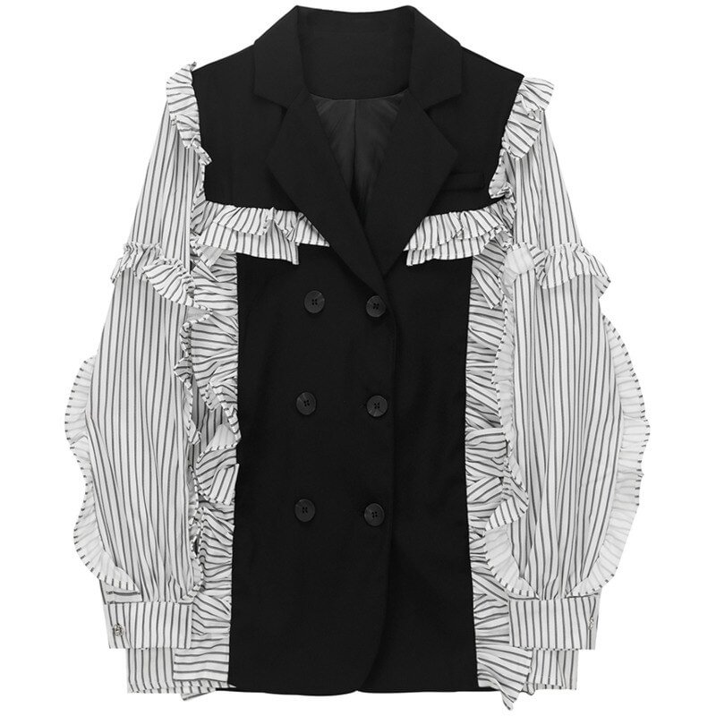 Ueong Women Black Striped Ruffles Casual Blazer New Lapel Long Sleeve Loose Fit Jacket Fashion Tide Spring Autumn 2023 1DE6486
