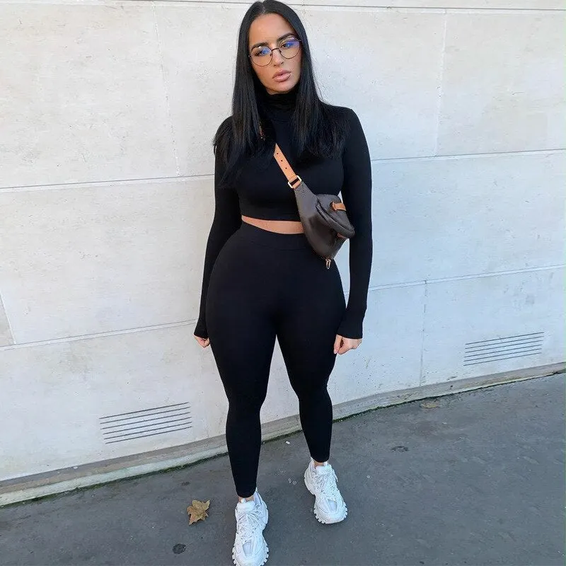 HAWTHAW women spring autumn long sleeve soild colorcrop tops long pant tracksuit two piece clothes suit outfits matching sets
