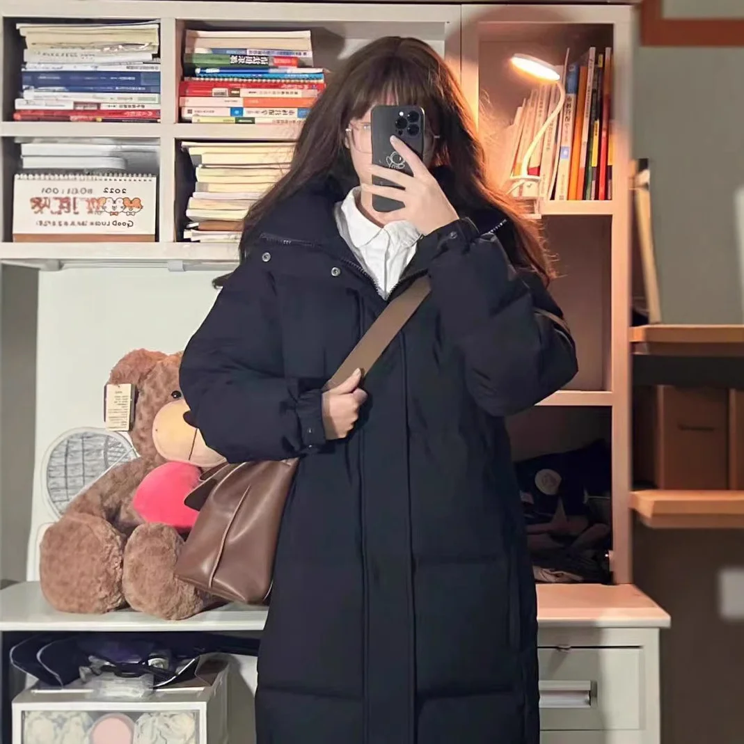 Woherb Black Down Cotton Clothes Female In The Long Style 2024 Winter Dress New Thickened Cotton-Padded Jacket Middle Drama Art Examination Students Over The Knee Coat-Outfit Ideas
