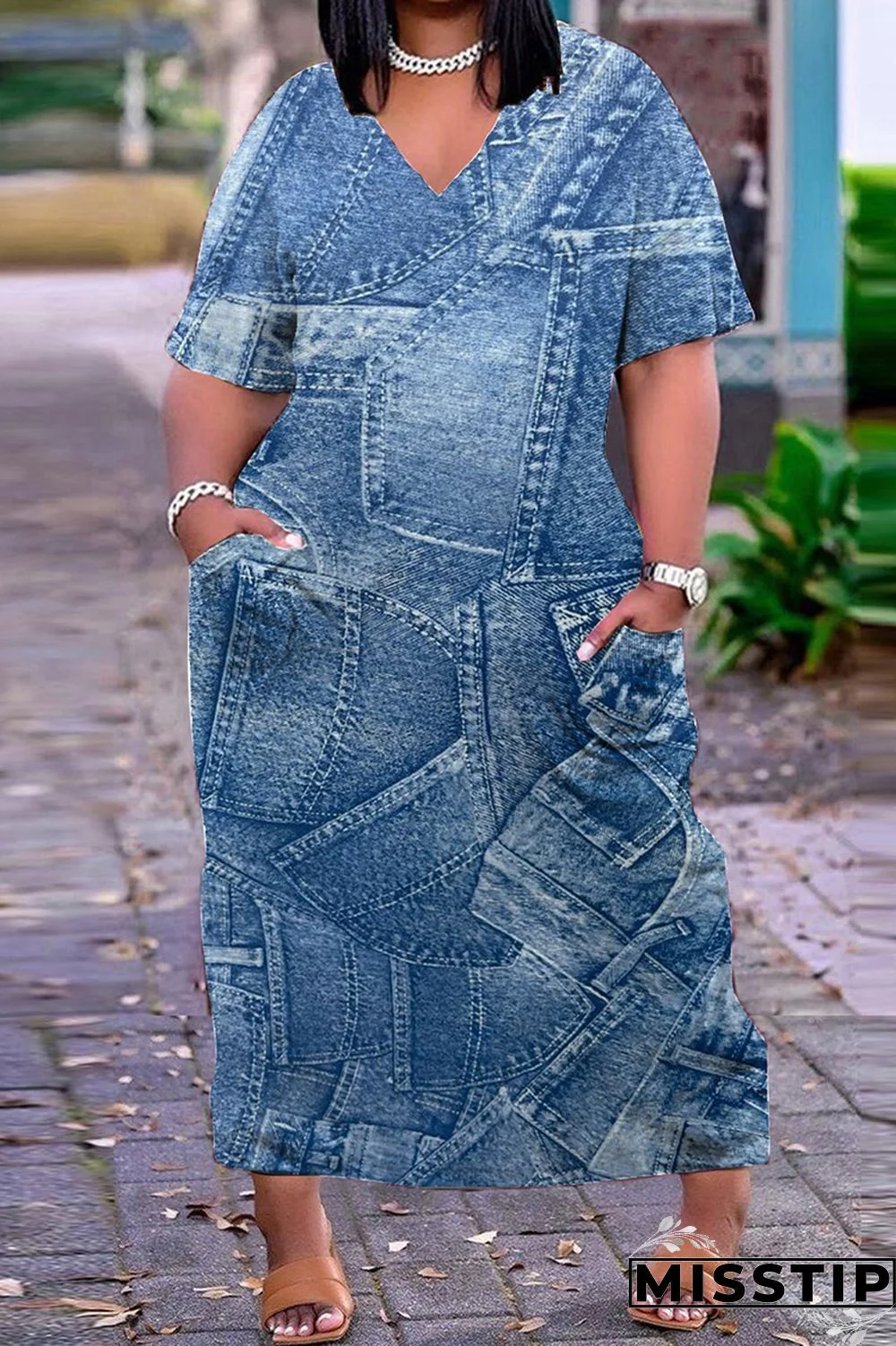 Dark Blue Casual Print Patchwork V Neck Short Sleeve Dress