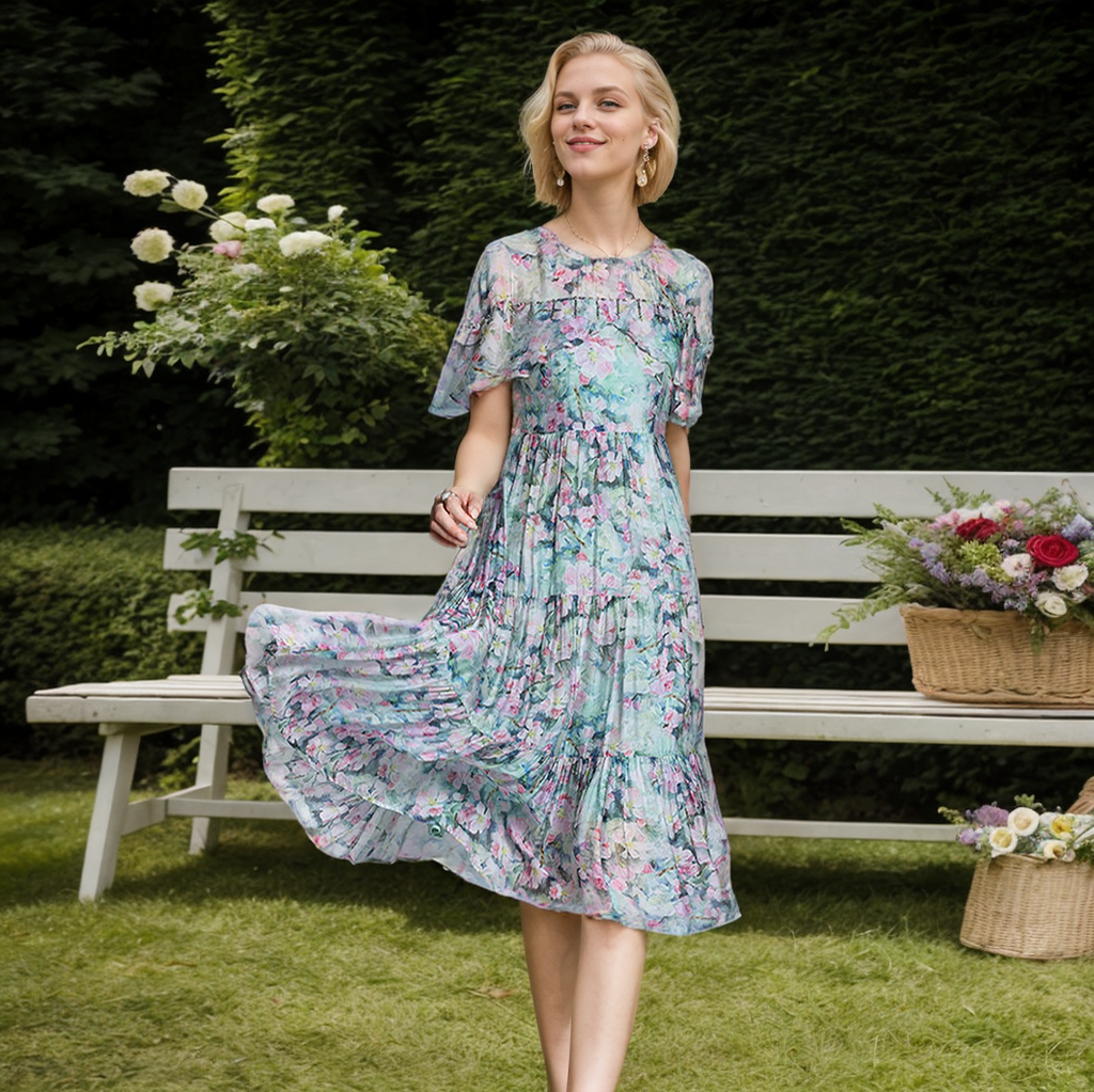 Silk Floral Print Dress Temperament Beach Wear Style REAL SILK LIFE