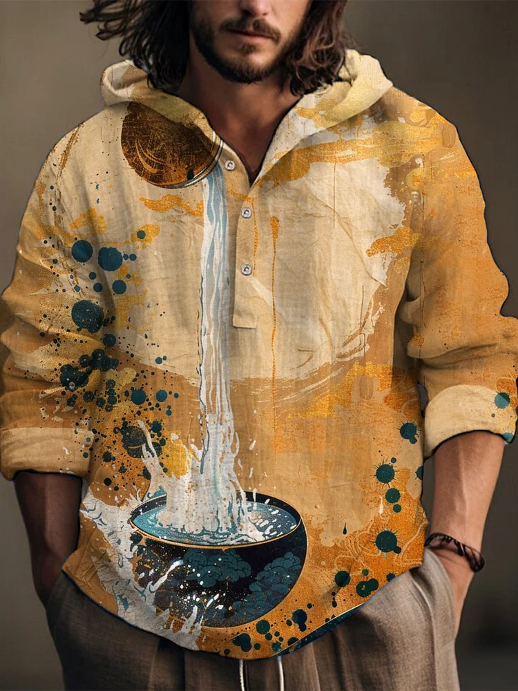 Japanese Art Water Tank Linen Hooded Long Sleeve Shirt