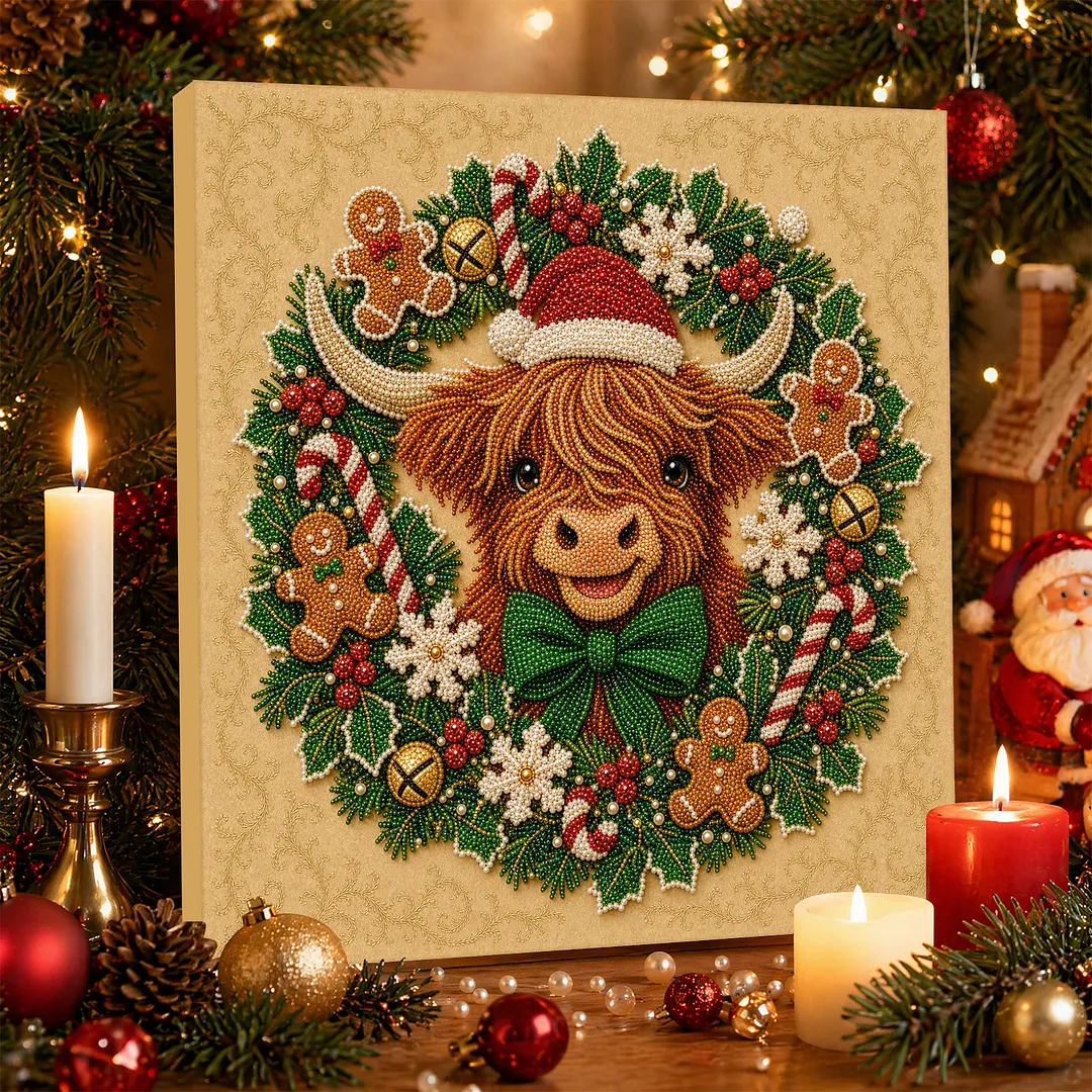 Framed Pearl Painting Kit Scottish Scotland Celtic Cow Christmas Wreath 7.87x7.87in