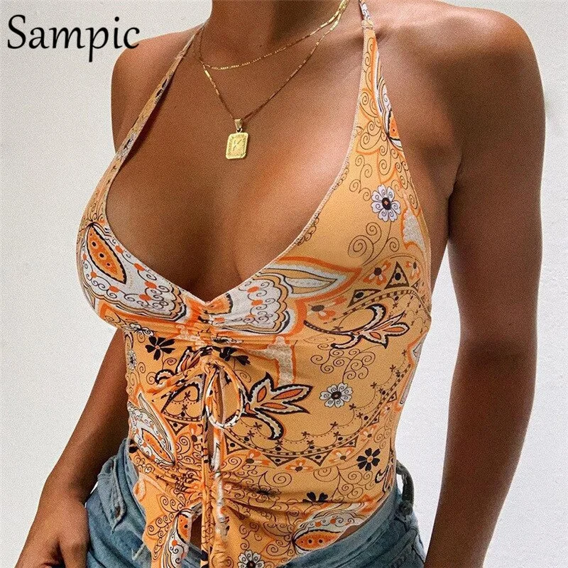 Sampic Vintage Print Casual Sexy Halter Sleeveless Summer Y2K Chic Club Cropped T Shirt Tops 2021 Women Slim Ruched Tank Tops