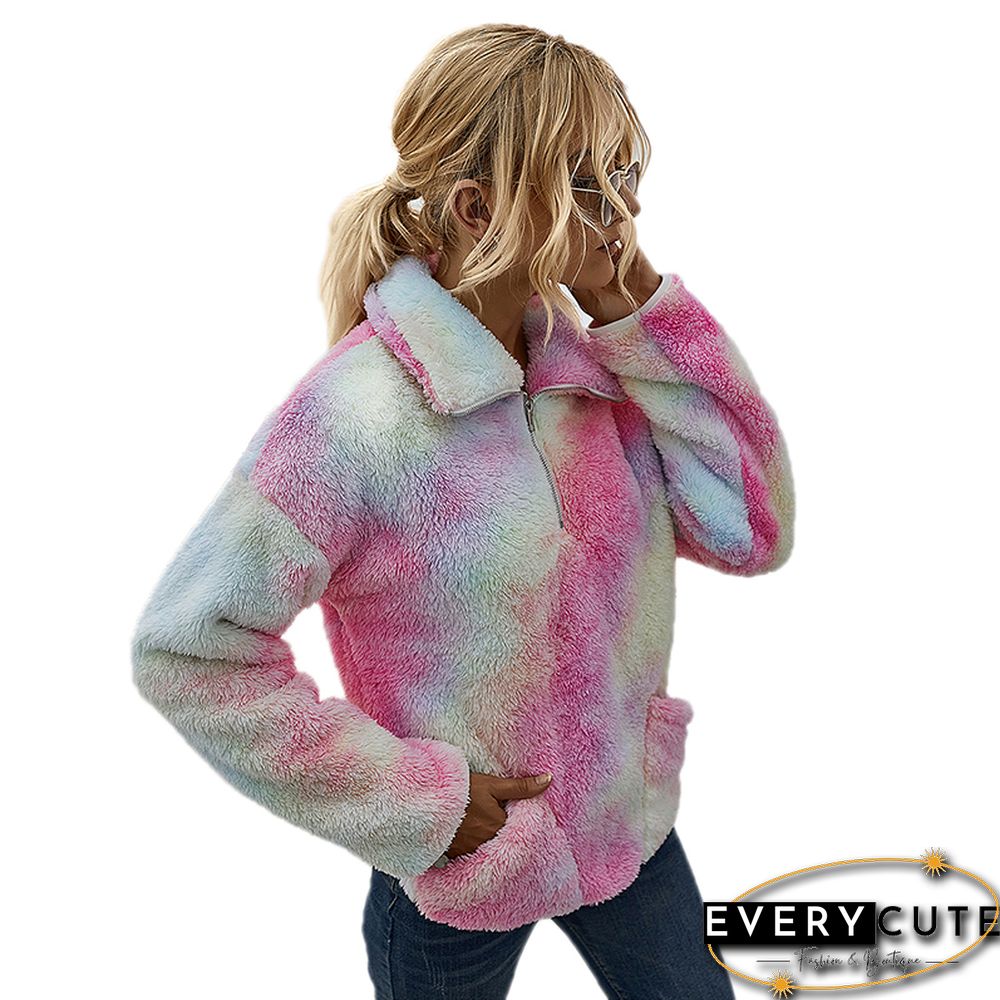 Multicolor Tie Dye Print Zip Neck Plush Sweatshirt